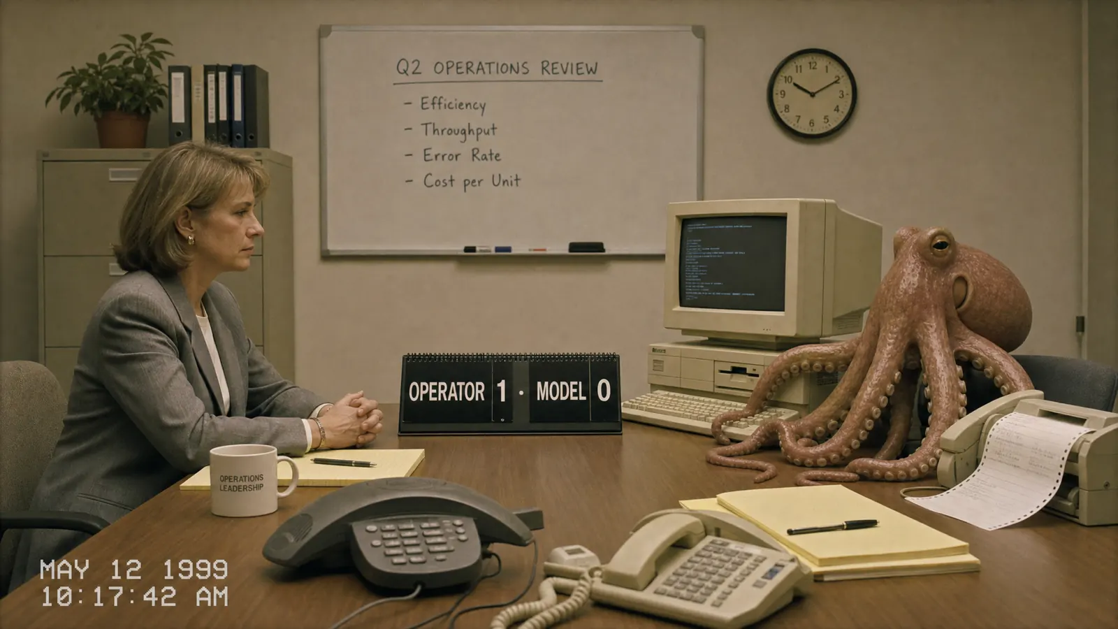 An operator and an octopus facing each other across a conference table